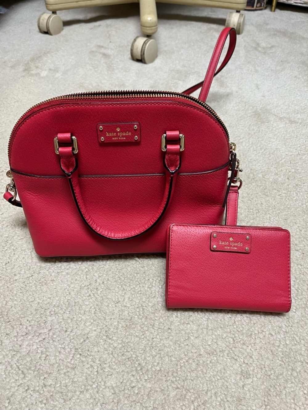 kate spade bright red dome satchel with matching wallet